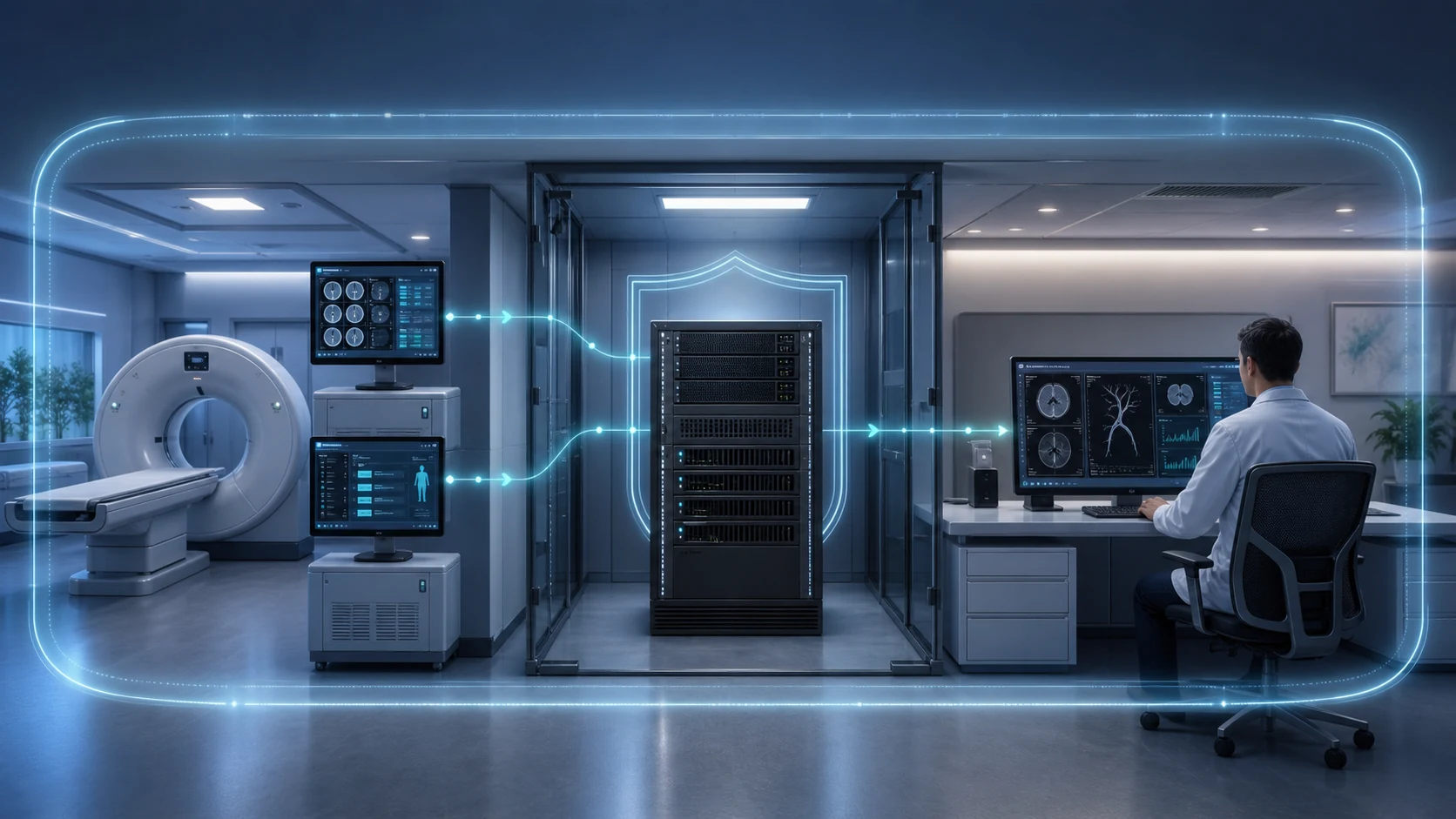 Conceptual view of medical imaging data processed by a local hospital AI server and reviewed at a clinician workstation