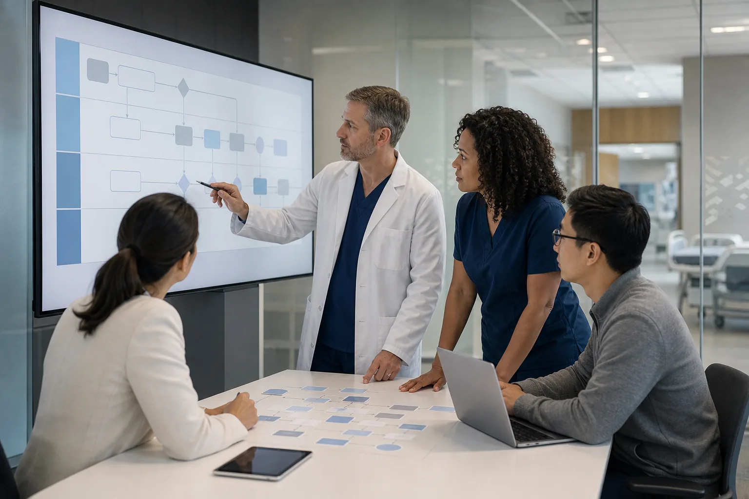 Conceptual clinical and IT team reviewing a hospital workflow