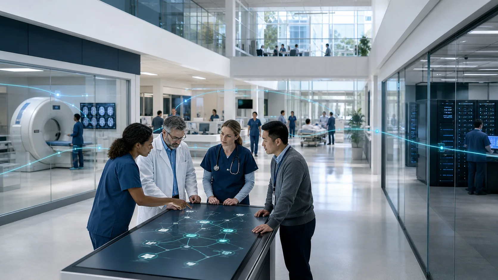 Conceptual hospital-wide AI operations environment connecting clinical and local IT teams