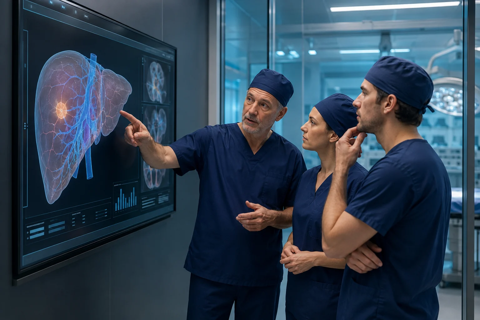 Surgical team reviewing a patient-specific anatomical reconstruction before a procedure